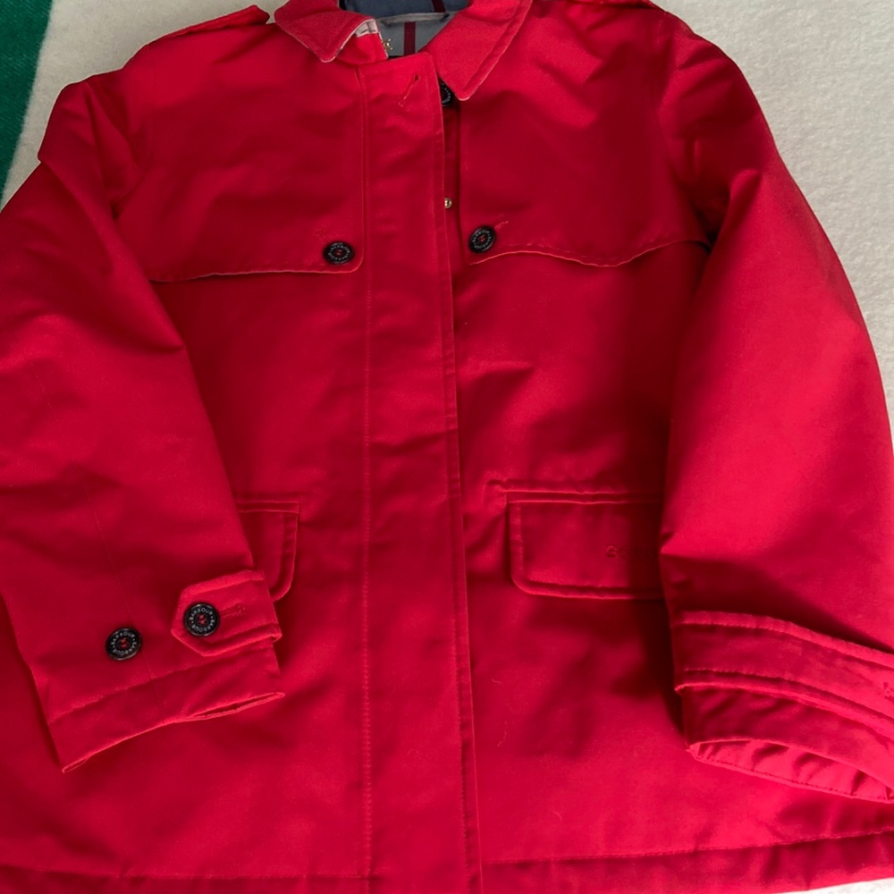 Trench style jacket. Length from under arm to lower hem 17 1/2 “.